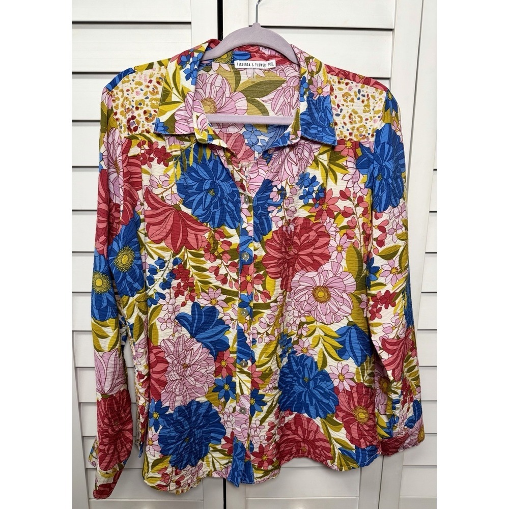 Anthropologie Fig & Flower Floral Leopard Boho Button Down Top Women's Size PXL